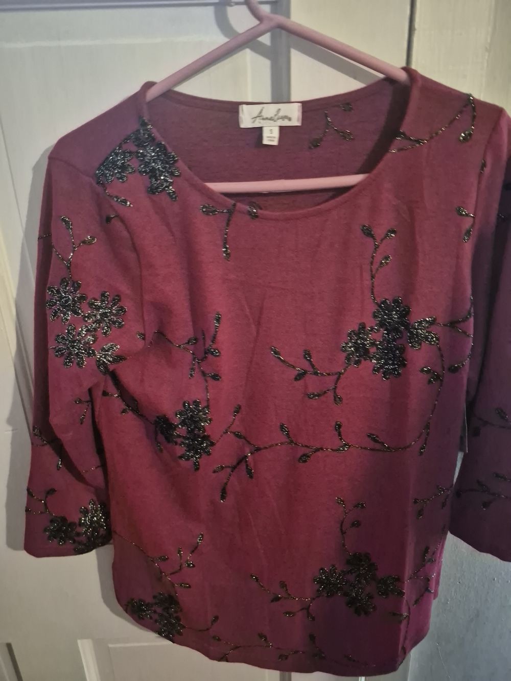 Annebeque Red Floral Beaded Long Sleeve Top